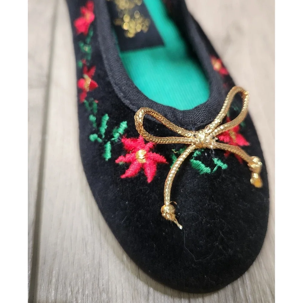 Tinsel Toes Girls Black Velvet Floral Embroidered Mary‎ Jane Flats Size 9 NEW